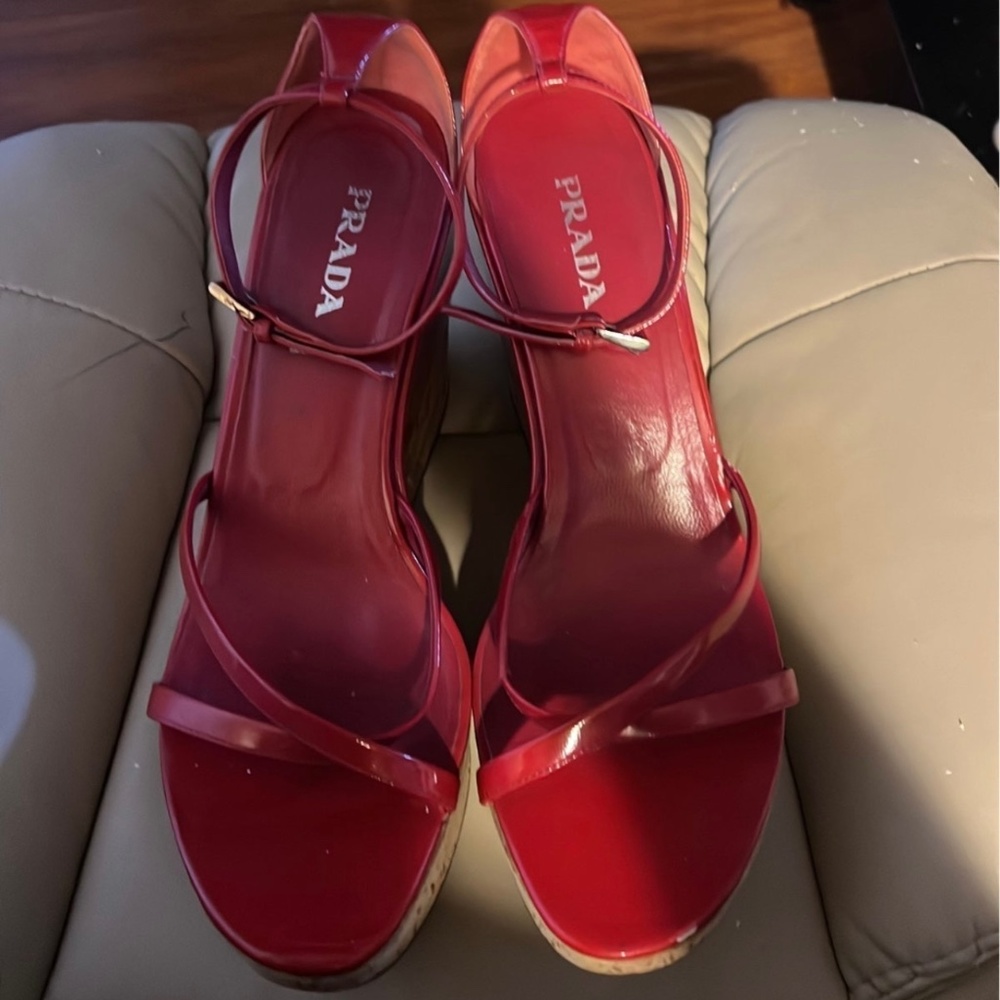 Prada Glossy Red Strappy Patent Sandals